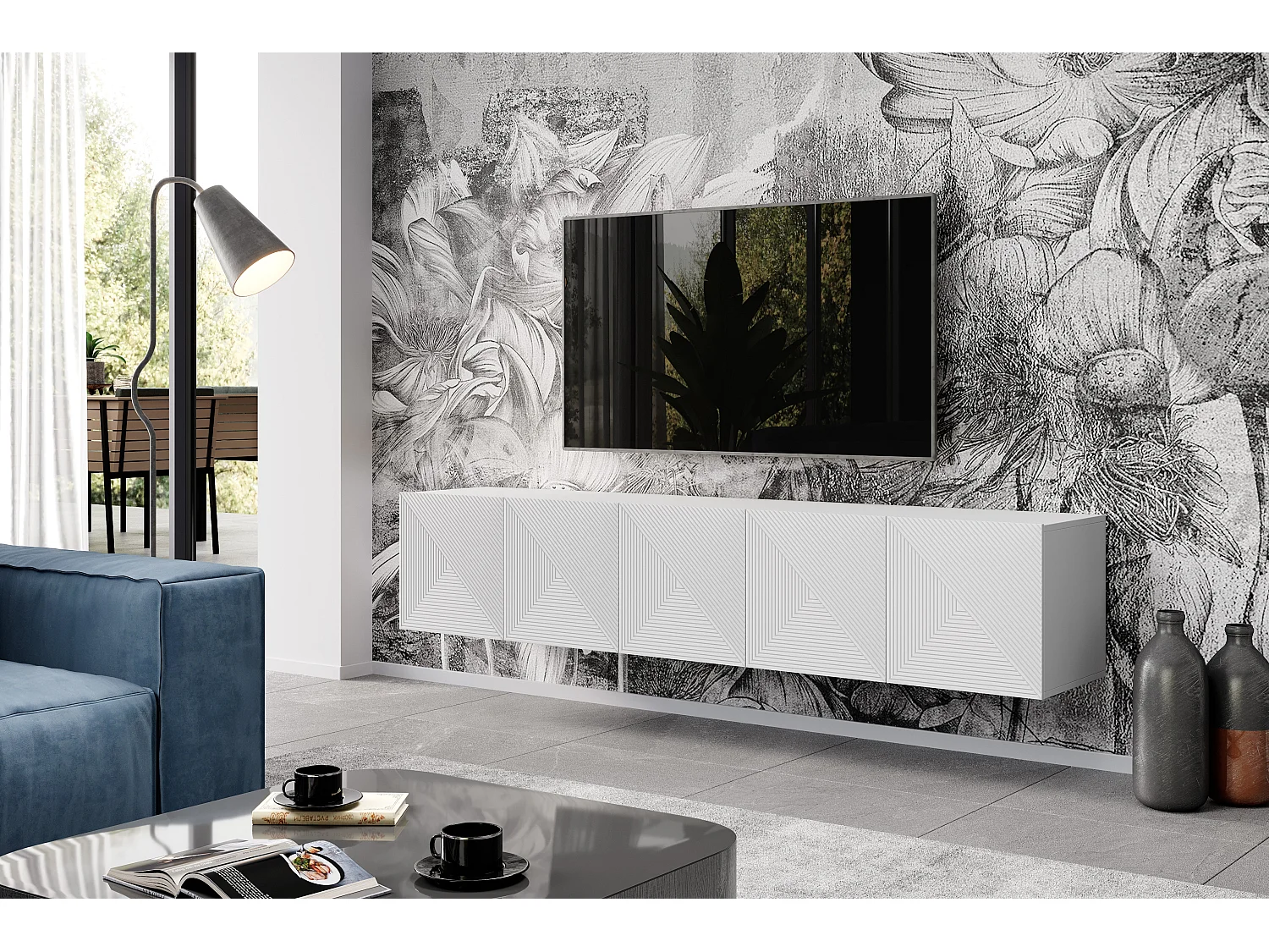 Mobile tv sospeso 5 ante bianco in legno laminato 200x40 cm