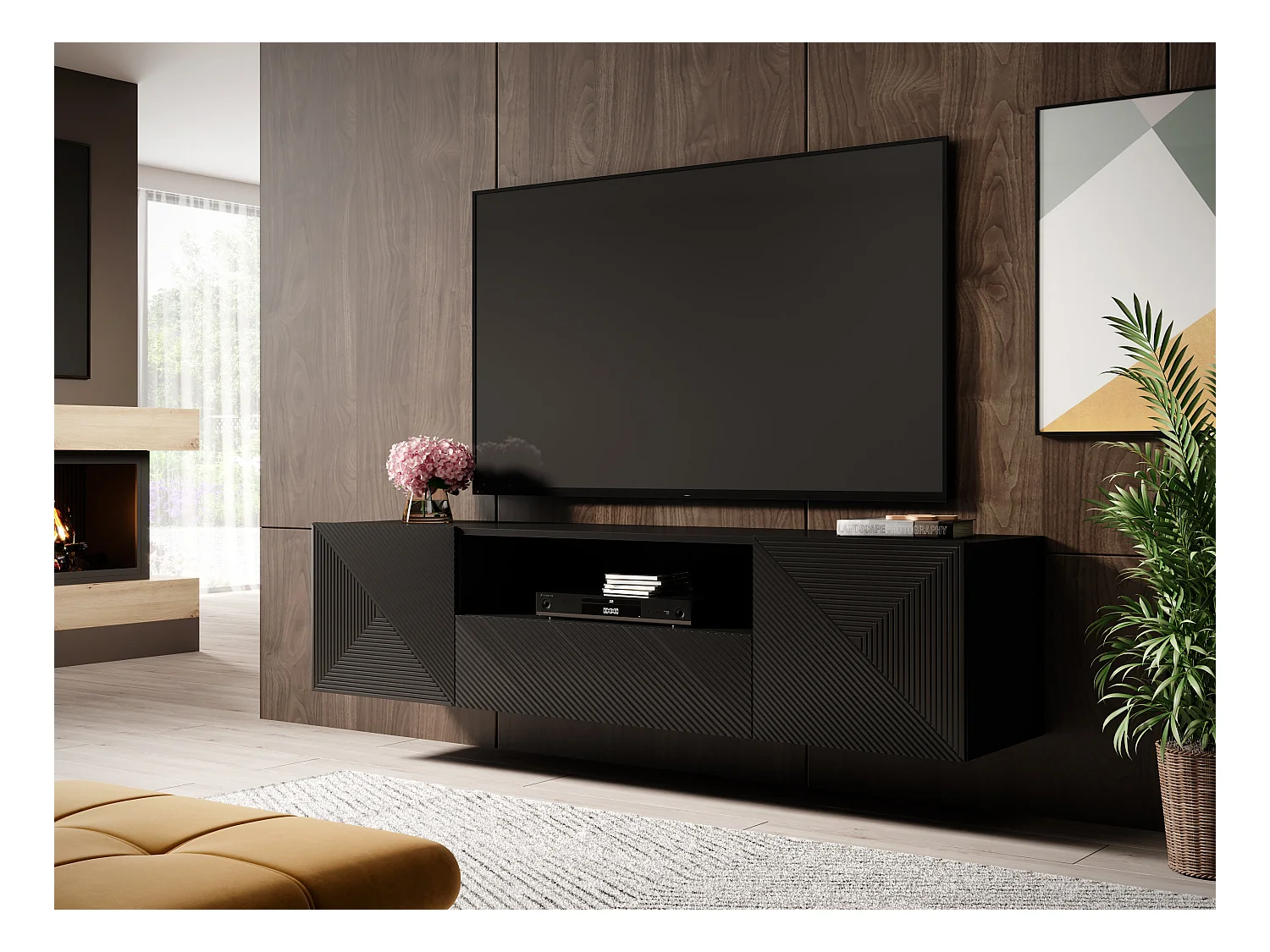 Hängender TV-Schrank, 2 Türen, 1 Schublade aus schwarzem Schichtholz, 167 x 40 cm