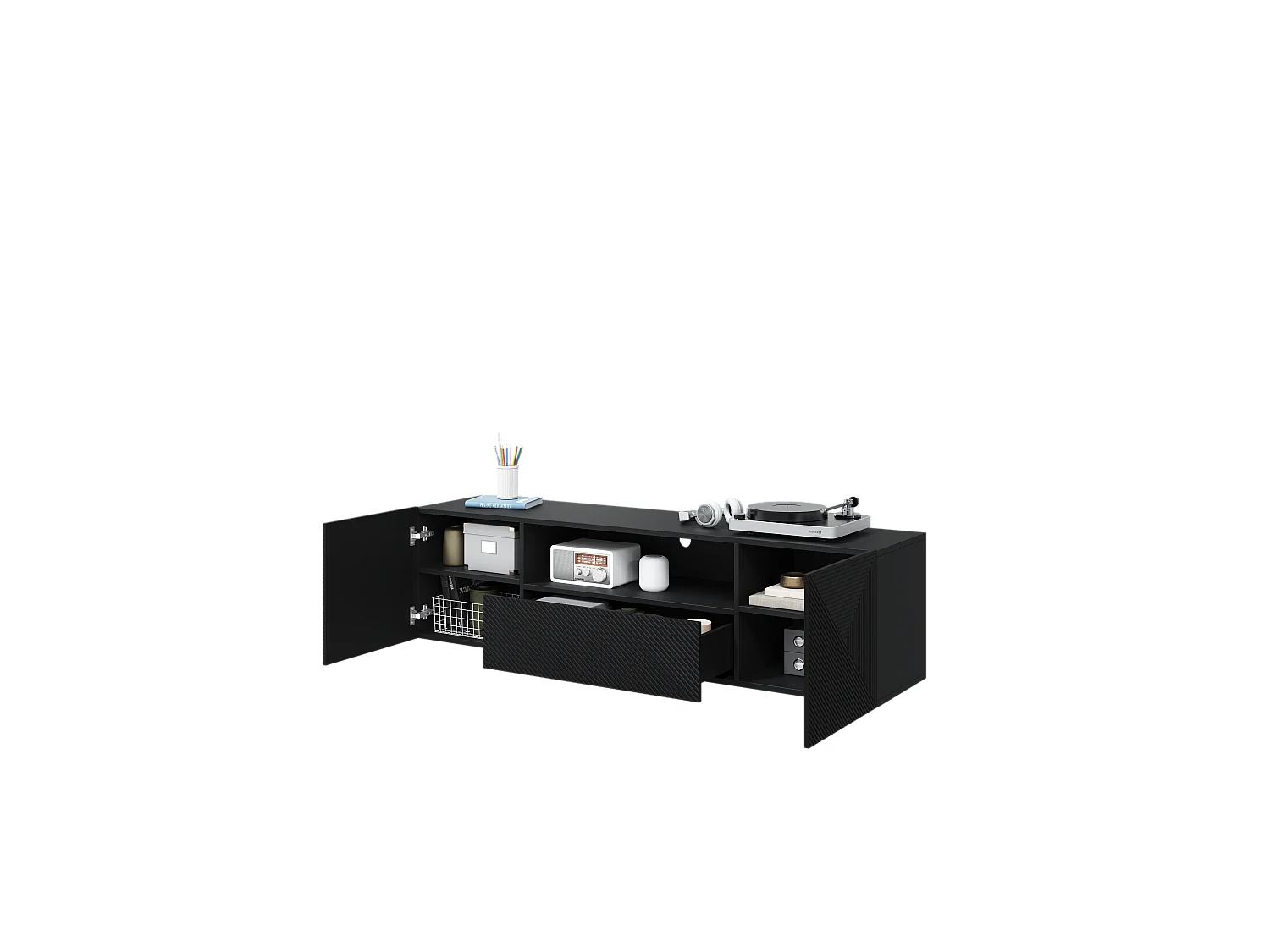 Hängender TV-Schrank, 2 Türen, 1 Schublade aus schwarzem Schichtholz, 167 x 40 cm