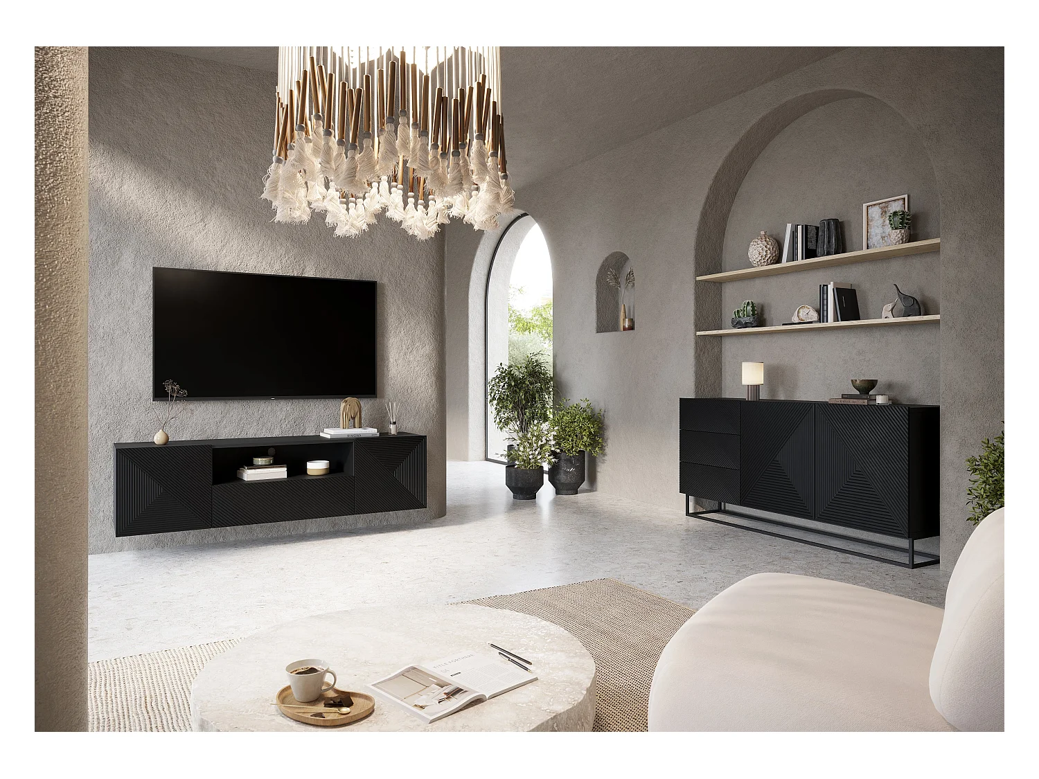 Hängender TV-Schrank, 2 Türen, 1 Schublade aus schwarzem Schichtholz, 167 x 40 cm