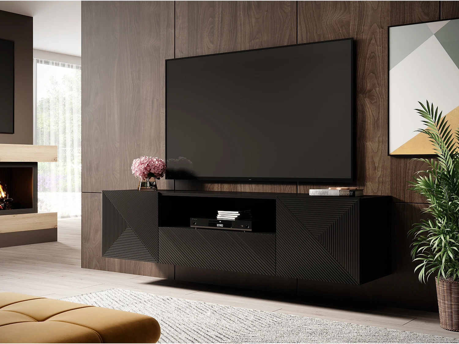 Mueble TV suspendido 2 puertas 1 cajón en madera laminada negra 167x40cm