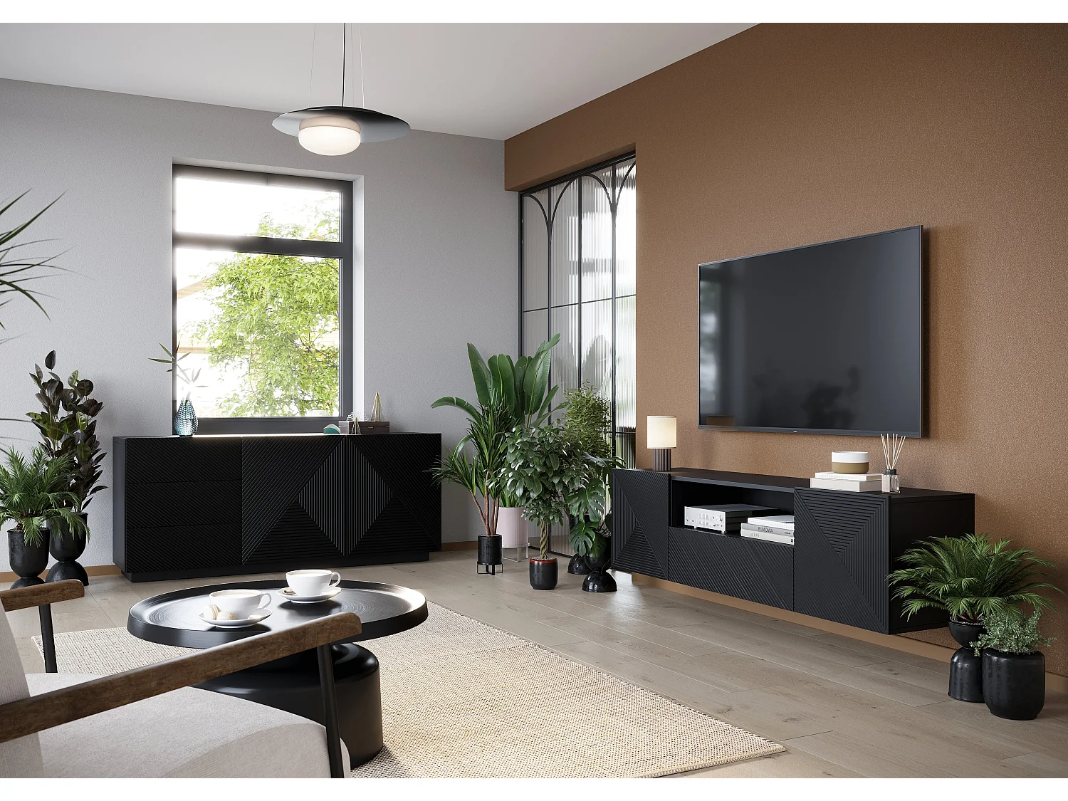 Mueble TV suspendido 2 puertas 1 cajón en madera laminada negra 167x40cm