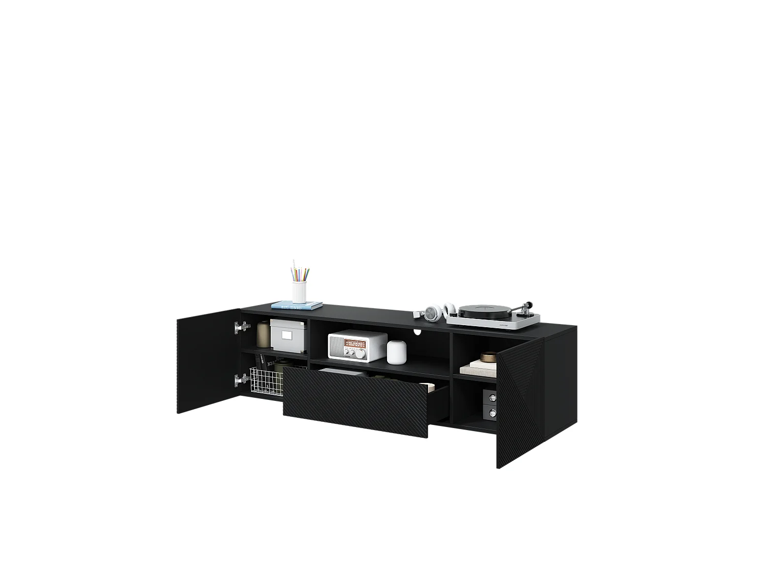 Mueble TV suspendido 2 puertas 1 cajón en madera laminada negra 167x40cm