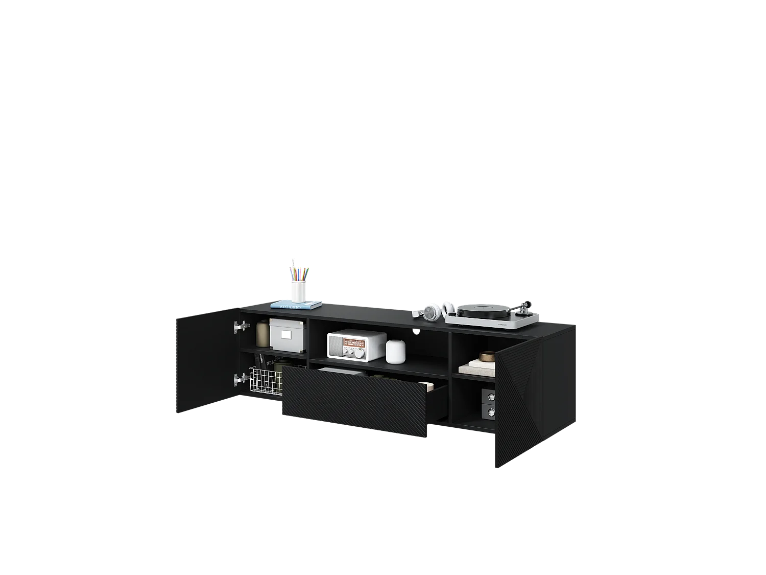 Mueble TV suspendido 2 puertas 1 cajón en madera laminada negra 167x40cm