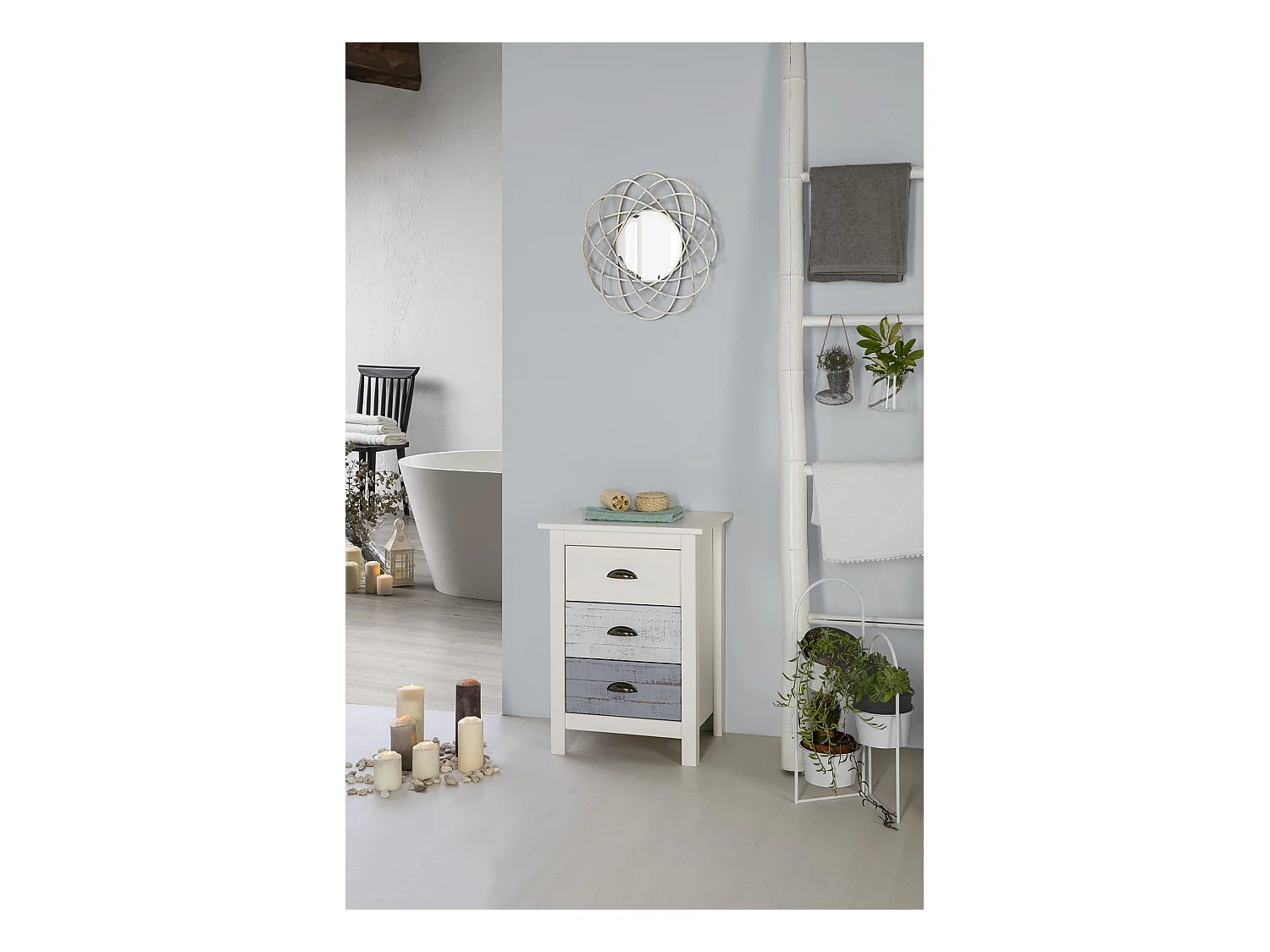 Table de chevet blanche avec 3 tiroirs 46x65 cm