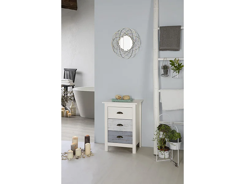 Table de chevet blanche avec 3 tiroirs 46x65 cm