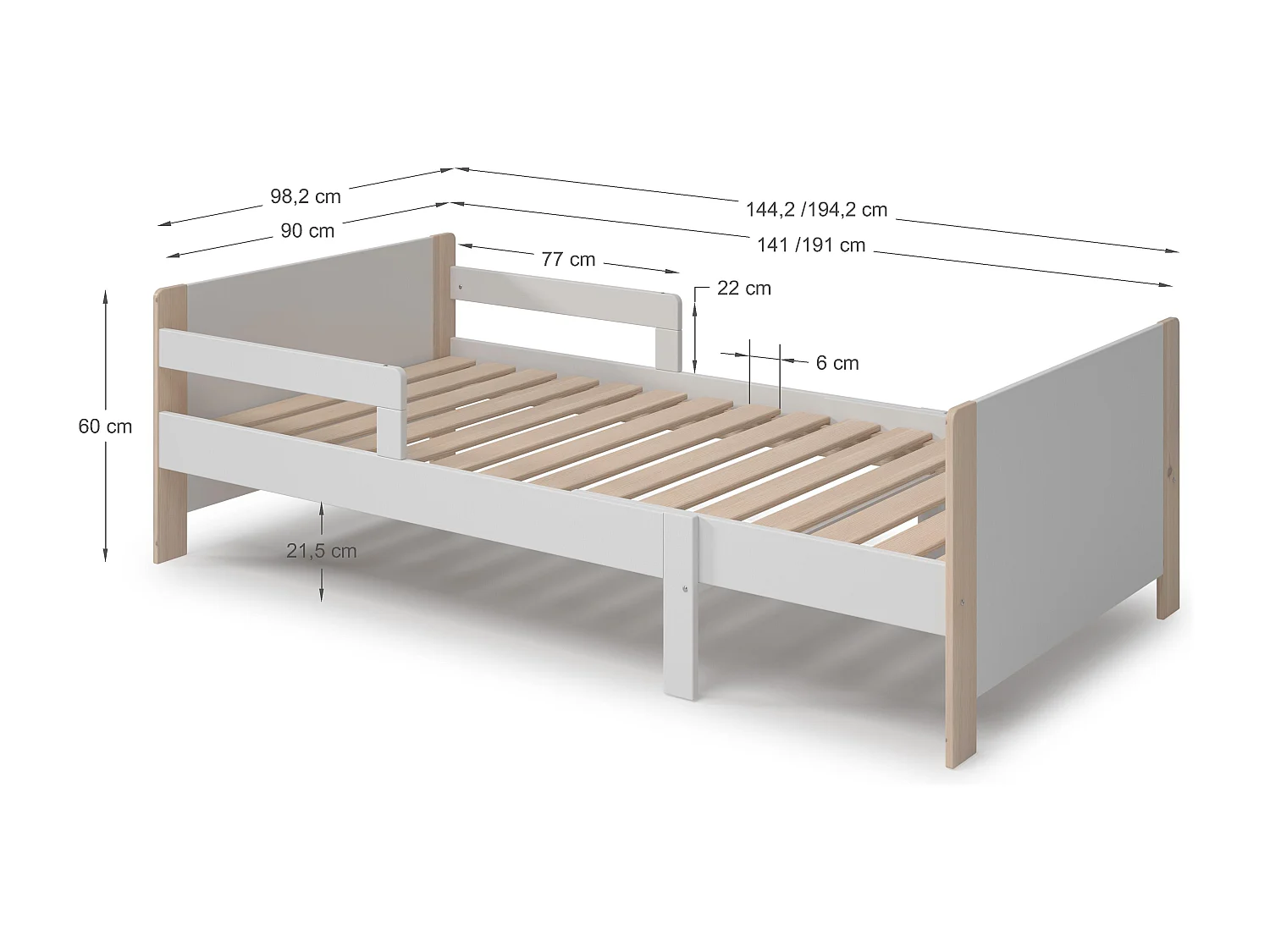 Cama individual extensible 144/194x98 cm