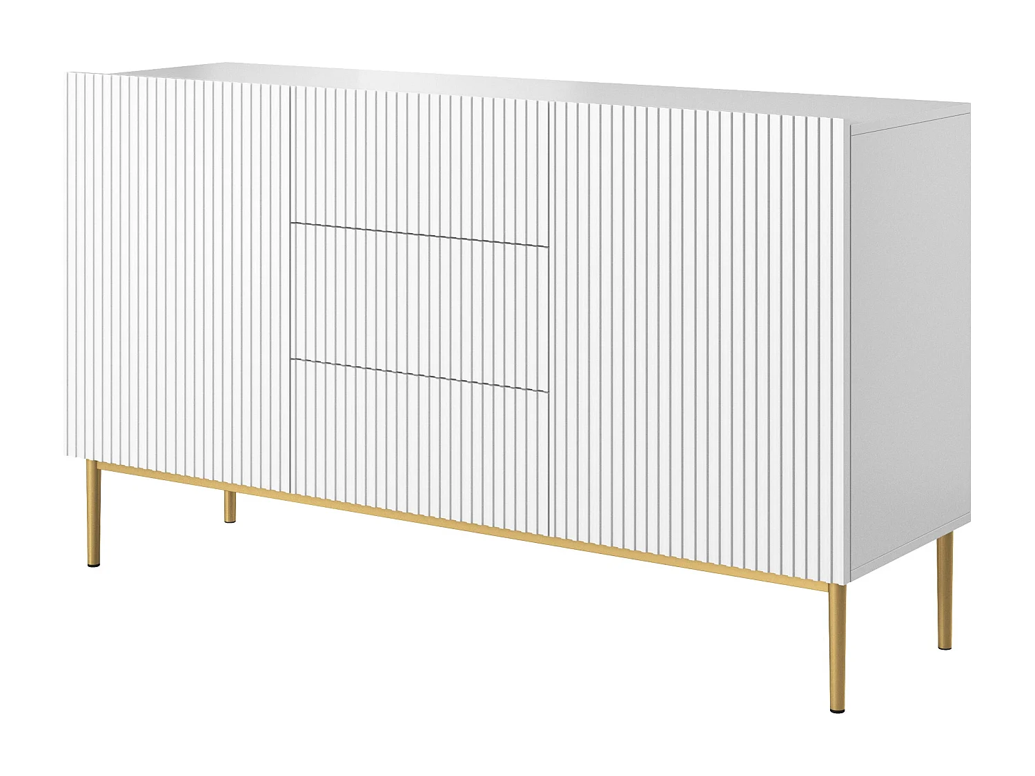 Weißes Sideboard mit 2 Türen und 3 zentralen Schubladen mit goldenem Metallfuß 150x45 cm