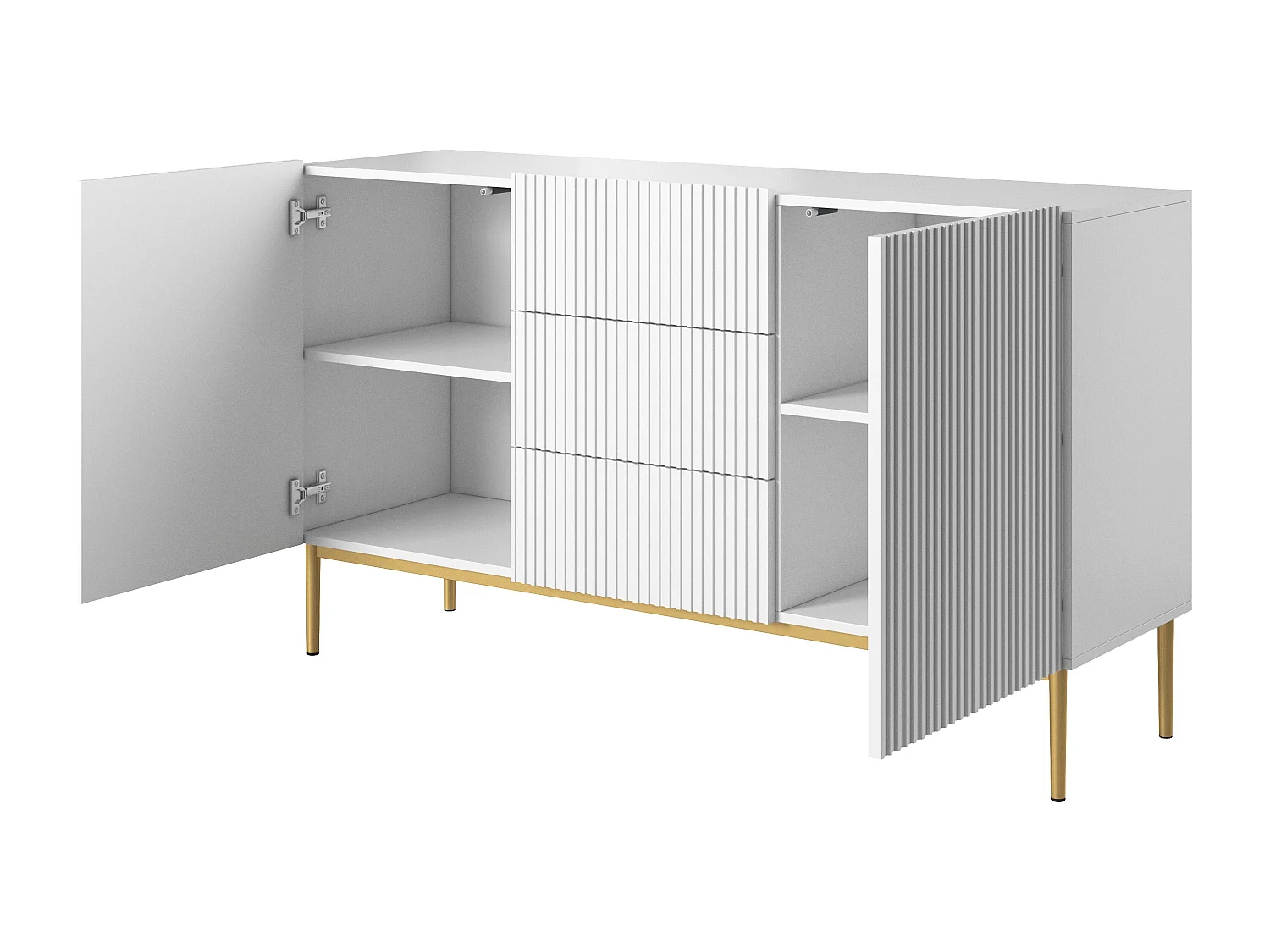 Weißes Sideboard mit 2 Türen und 3 zentralen Schubladen mit goldenem Metallfuß 150x45 cm