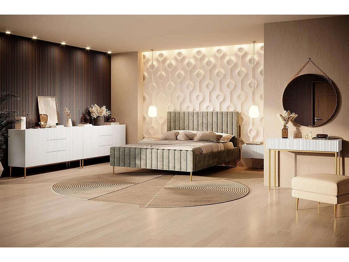 Weißes Sideboard mit 2 Türen und 3 zentralen Schubladen mit goldenem Metallfuß 150x45 cm