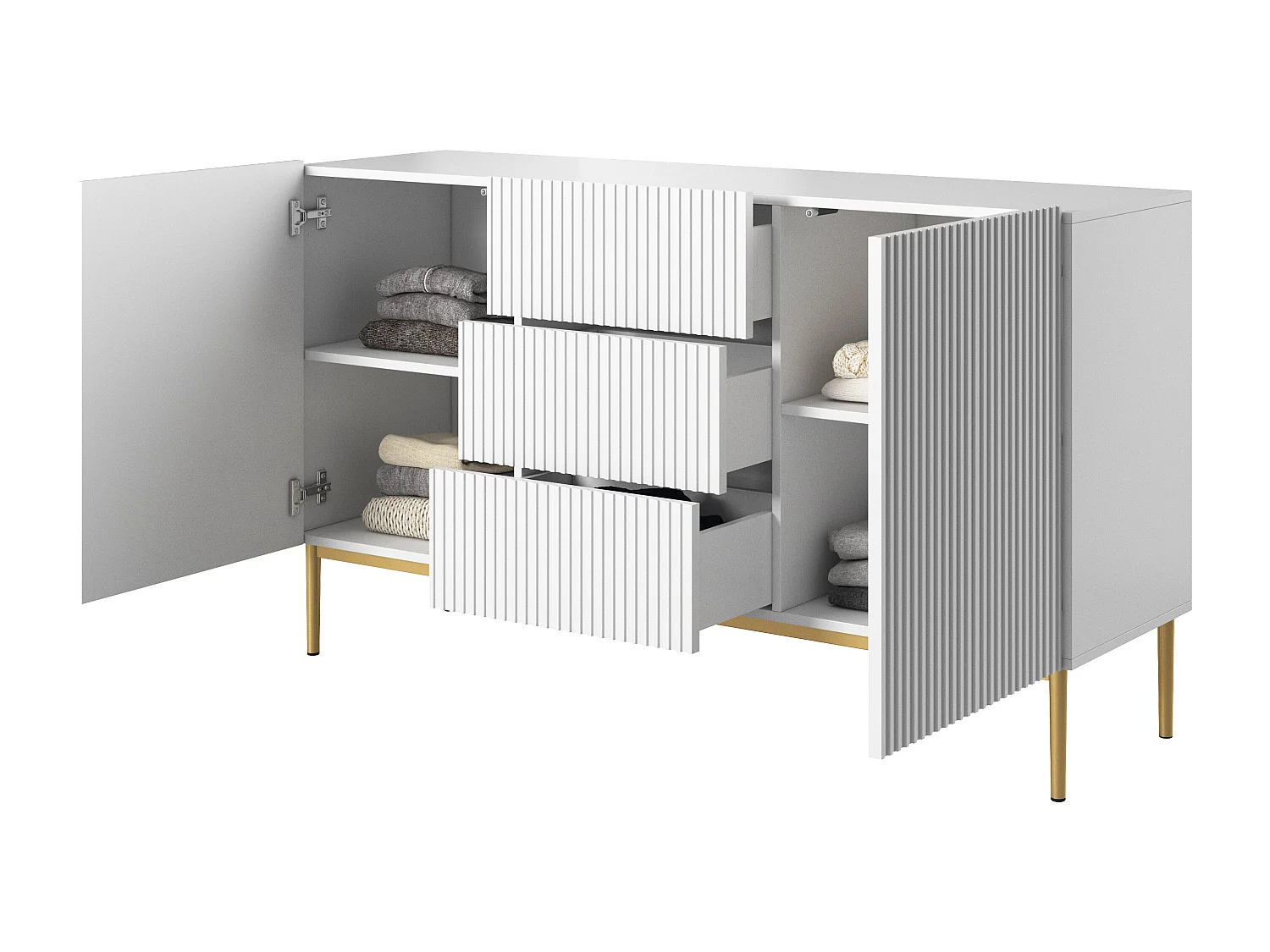 Weißes Sideboard mit 2 Türen und 3 zentralen Schubladen mit goldenem Metallfuß 150x45 cm