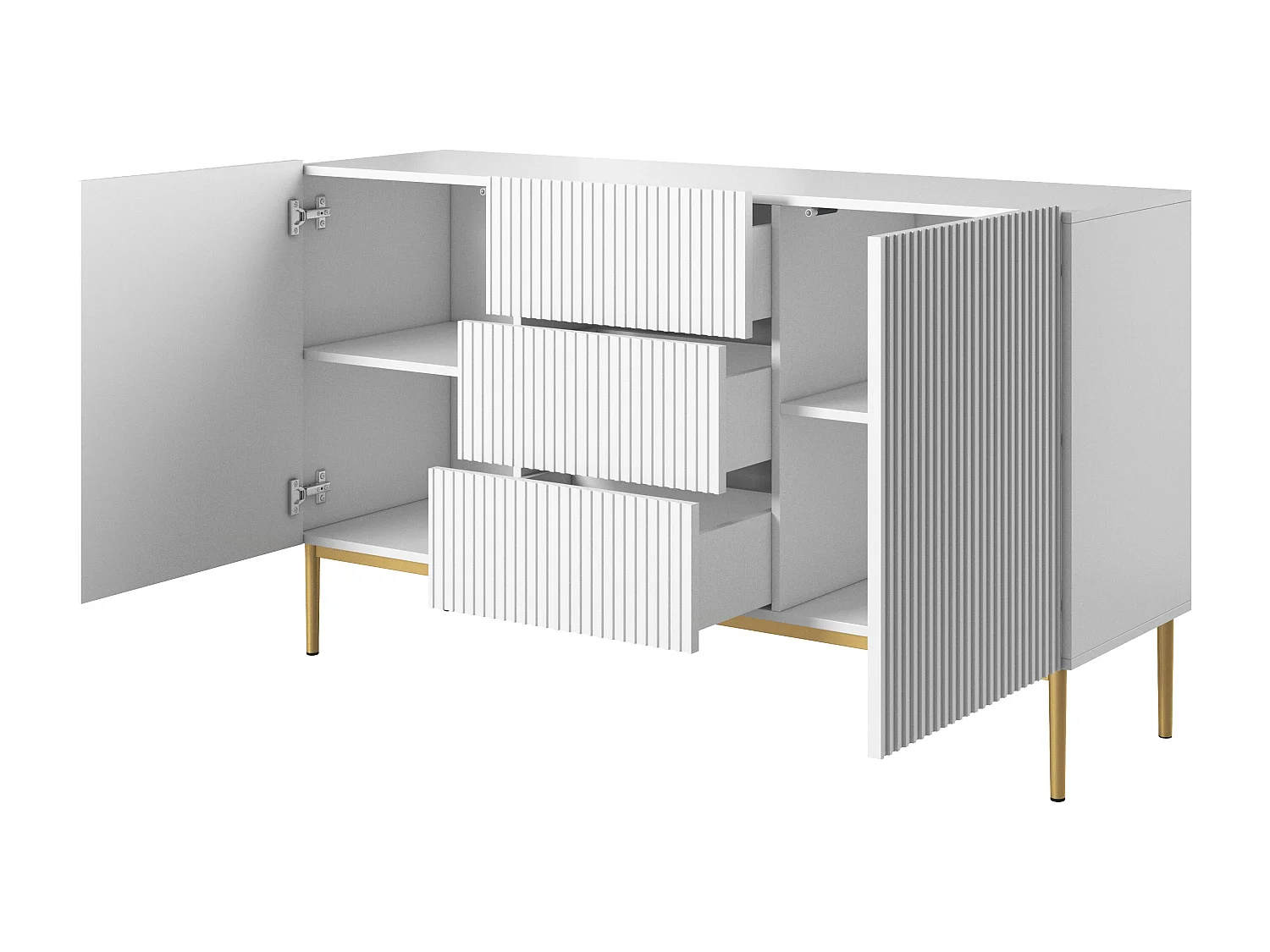 Weißes Sideboard mit 2 Türen und 3 zentralen Schubladen mit goldenem Metallfuß 150x45 cm