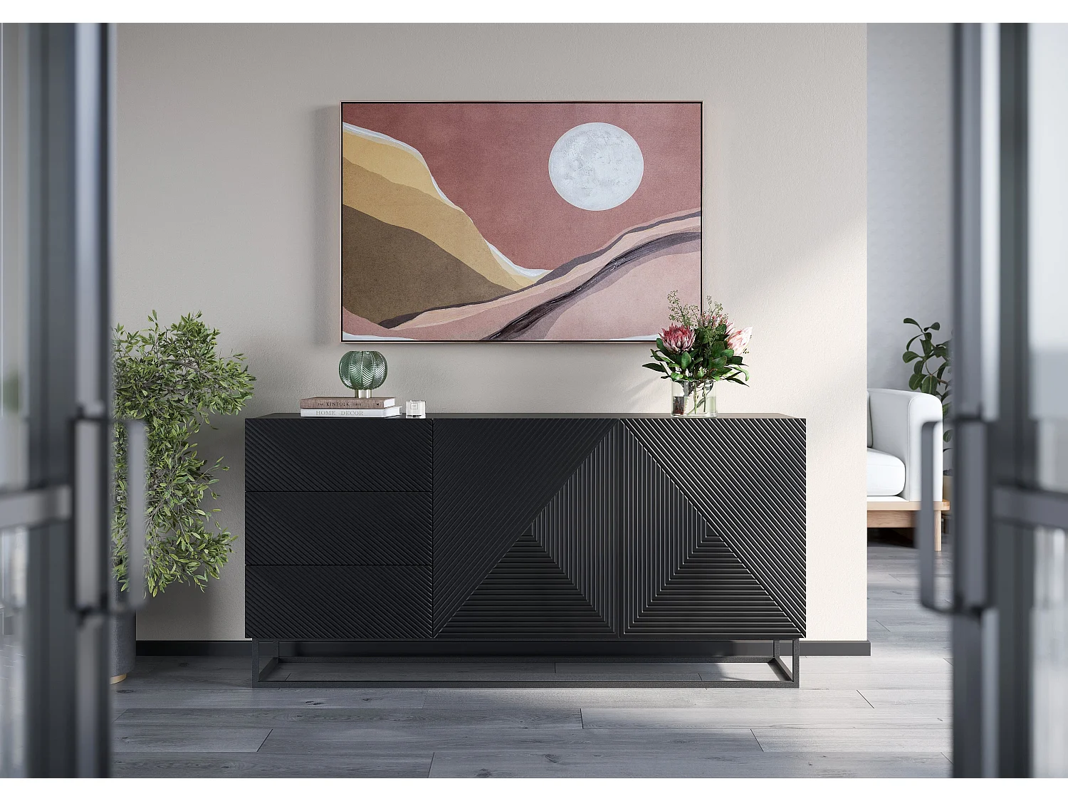 Aparador 2 puertas 3 cajones madera laminada negra con pie de metal 167x43cm