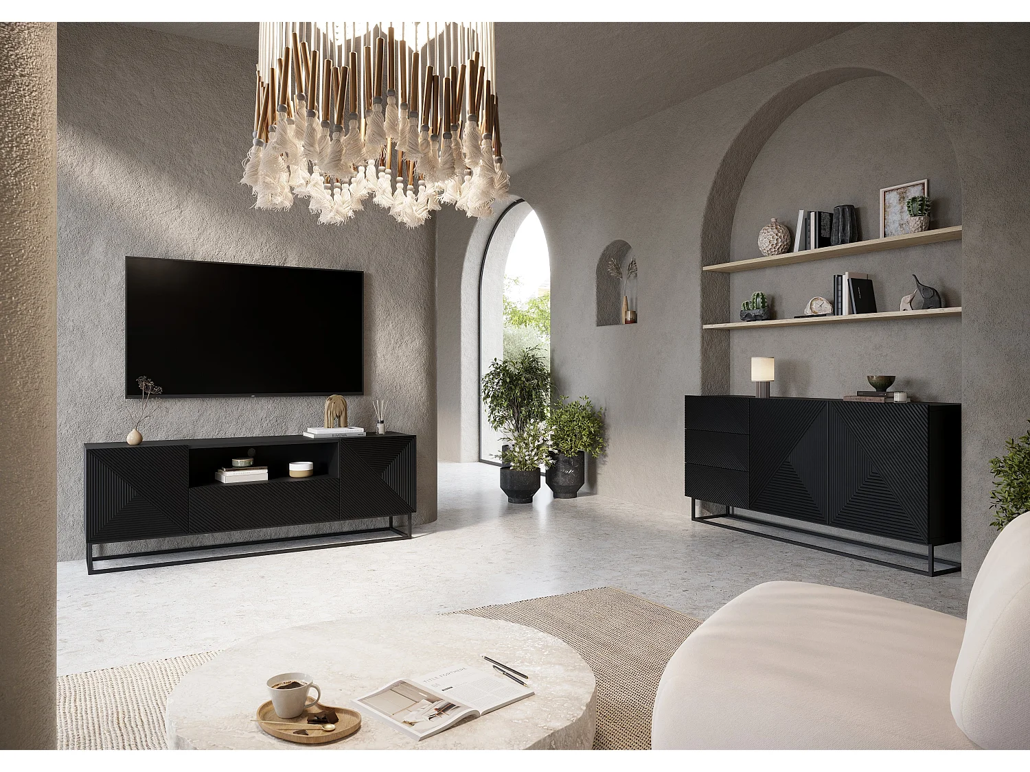 Aparador 2 puertas 3 cajones madera laminada negra con pie de metal 167x43cm