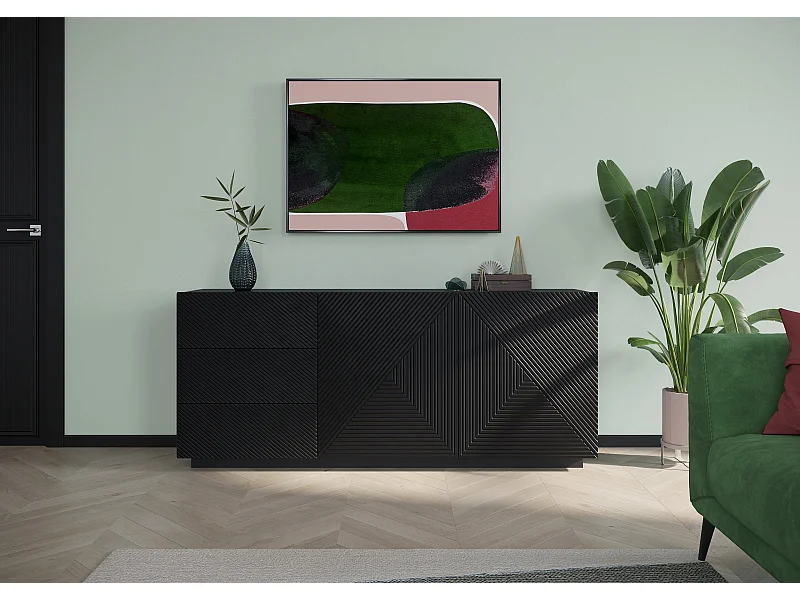 Aparador 2 puertas 3 cajones negro en madera laminada 167x43 cm