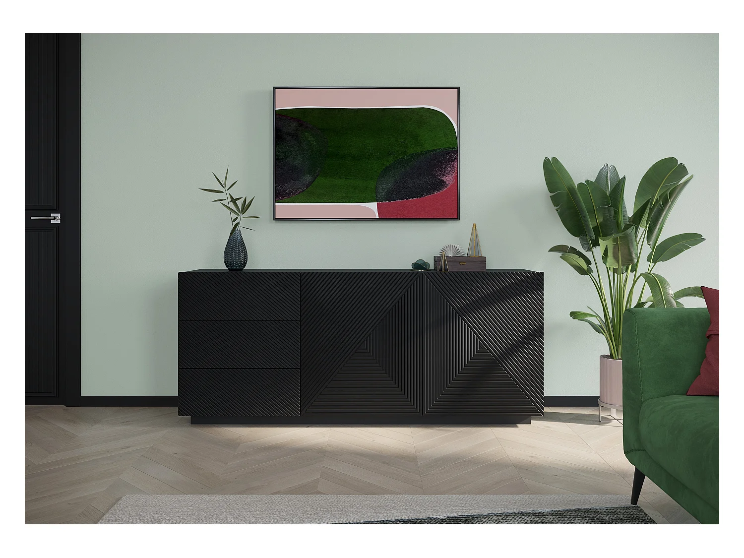 Aparador 2 puertas 3 cajones negro en madera laminada 167x43 cm