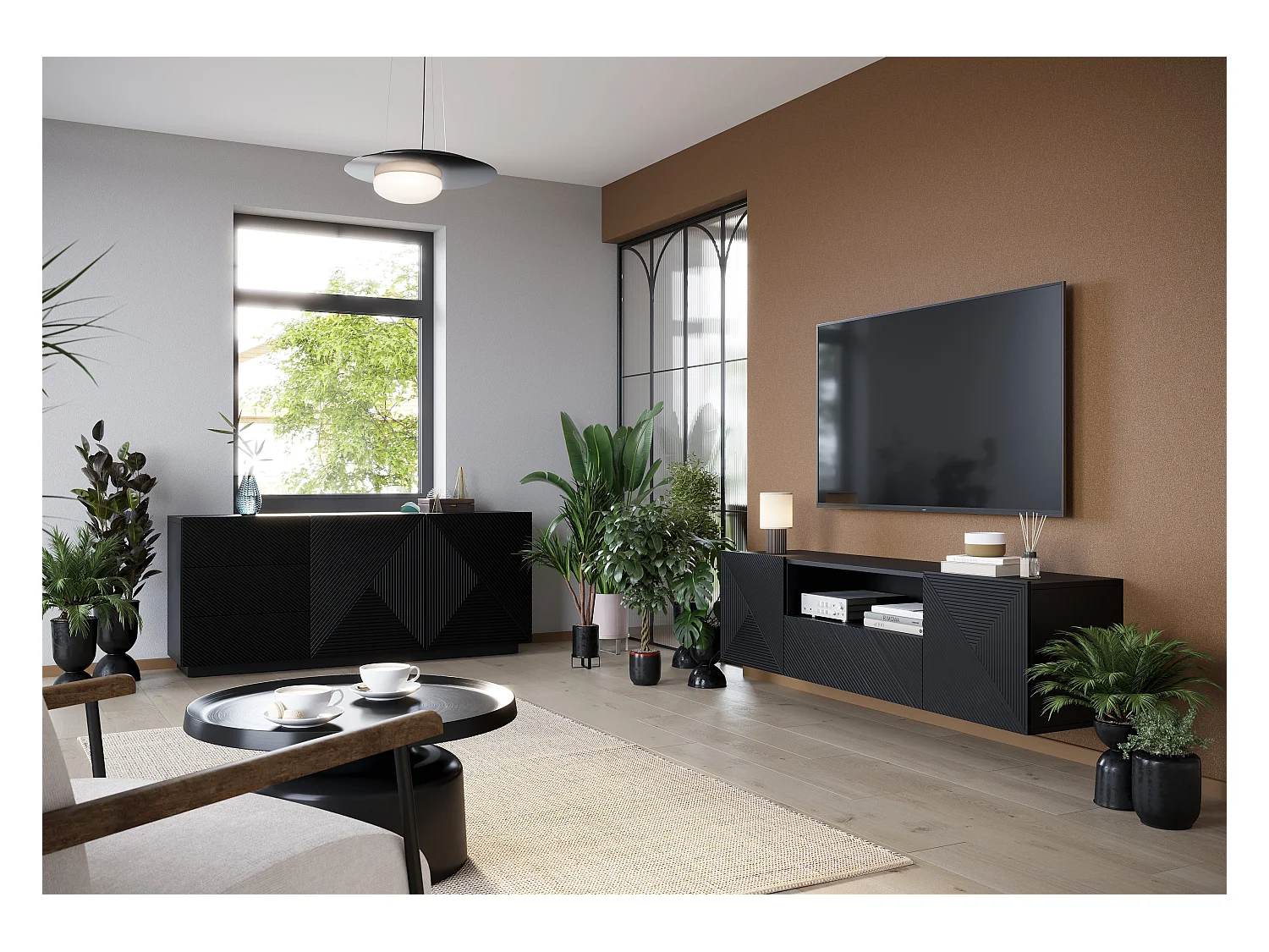 Aparador 2 puertas 3 cajones negro en madera laminada 167x43 cm