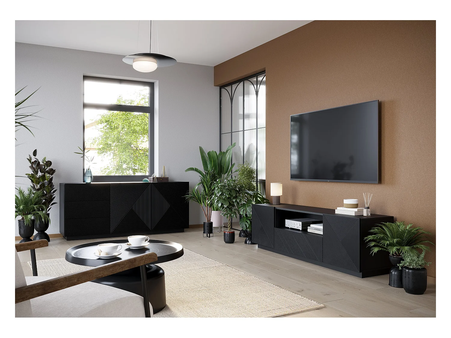 Aparador 2 puertas 3 cajones negro en madera laminada 167x43 cm