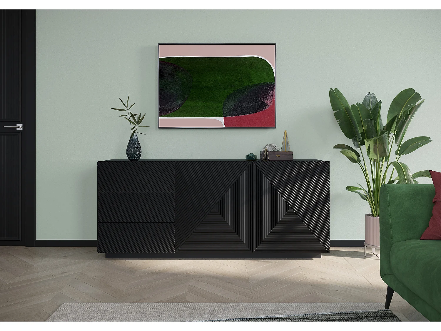 Buffet 2 deuren 3 laden zwart in gelaagd hout 167x43 cm