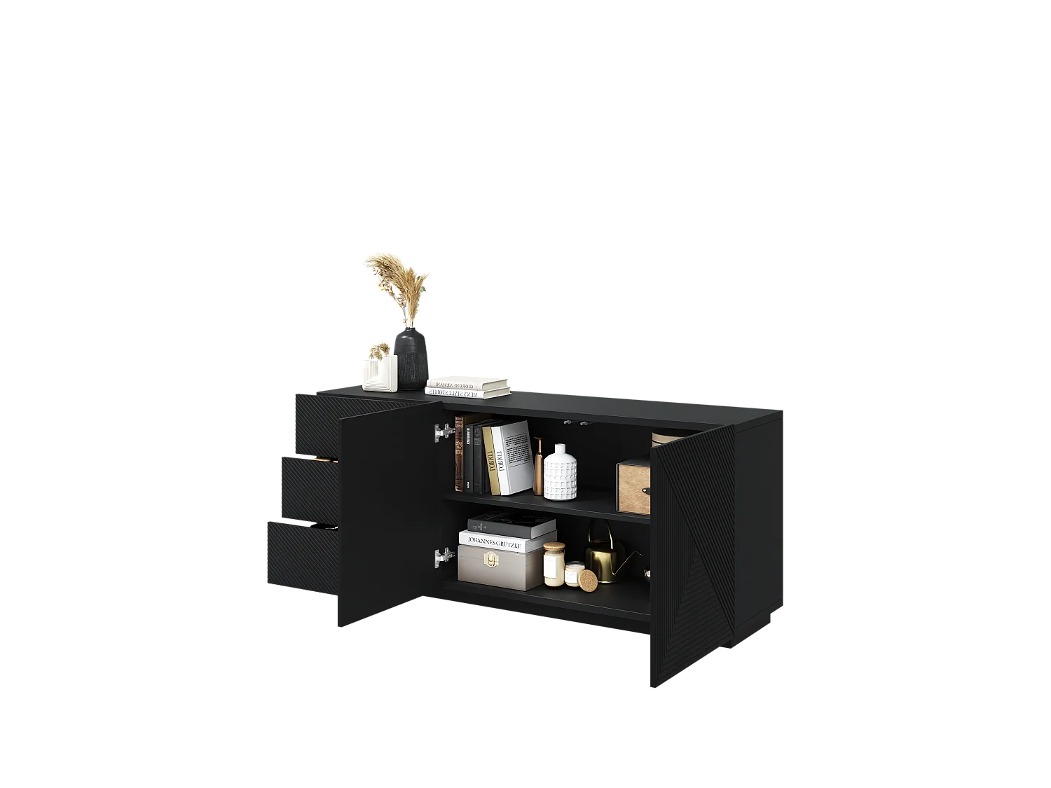 Buffet 2 deuren 3 laden zwart in gelaagd hout 167x43 cm