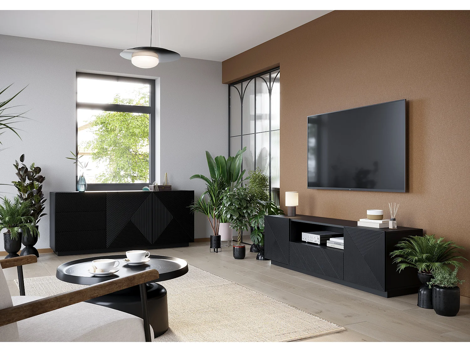 Buffet 2 deuren 3 laden zwart in gelaagd hout 167x43 cm