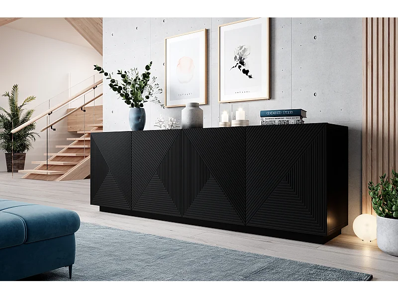 Aparador de 4 puertas en madera laminada negra 200x43 cm