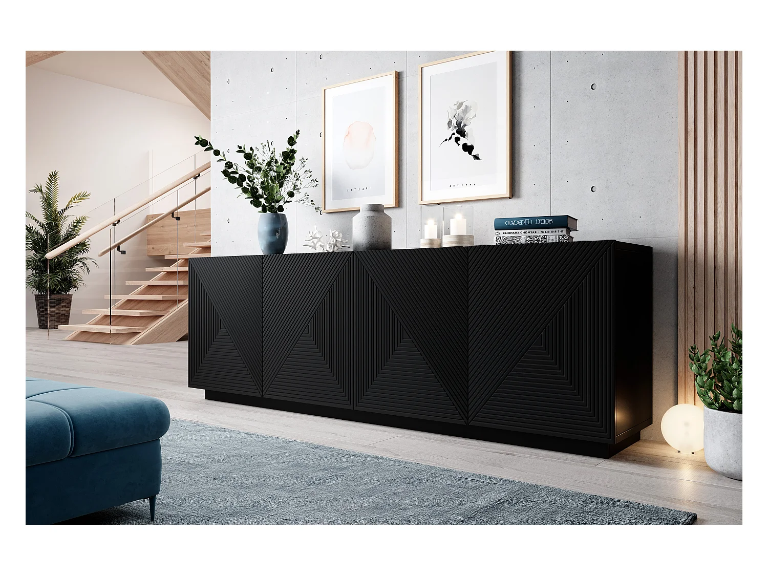 Aparador de 4 puertas en madera laminada negra 200x43 cm