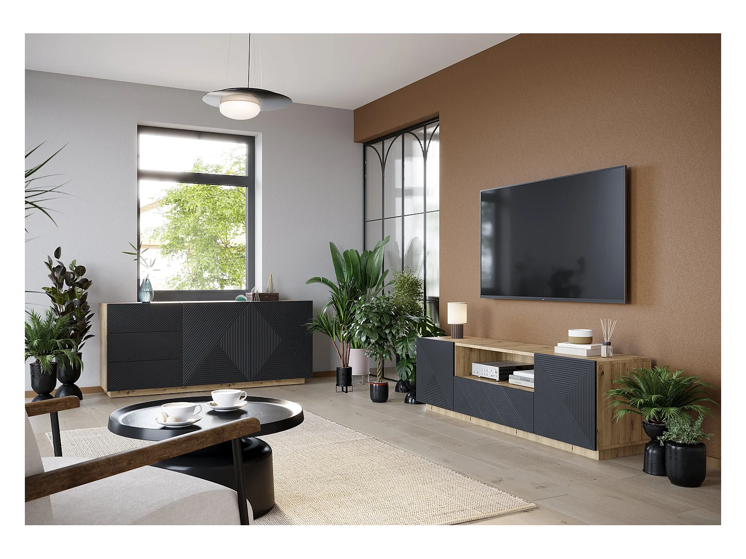 Aparador 2 portas 3 gavetas em madeira laminada 167x43 cm