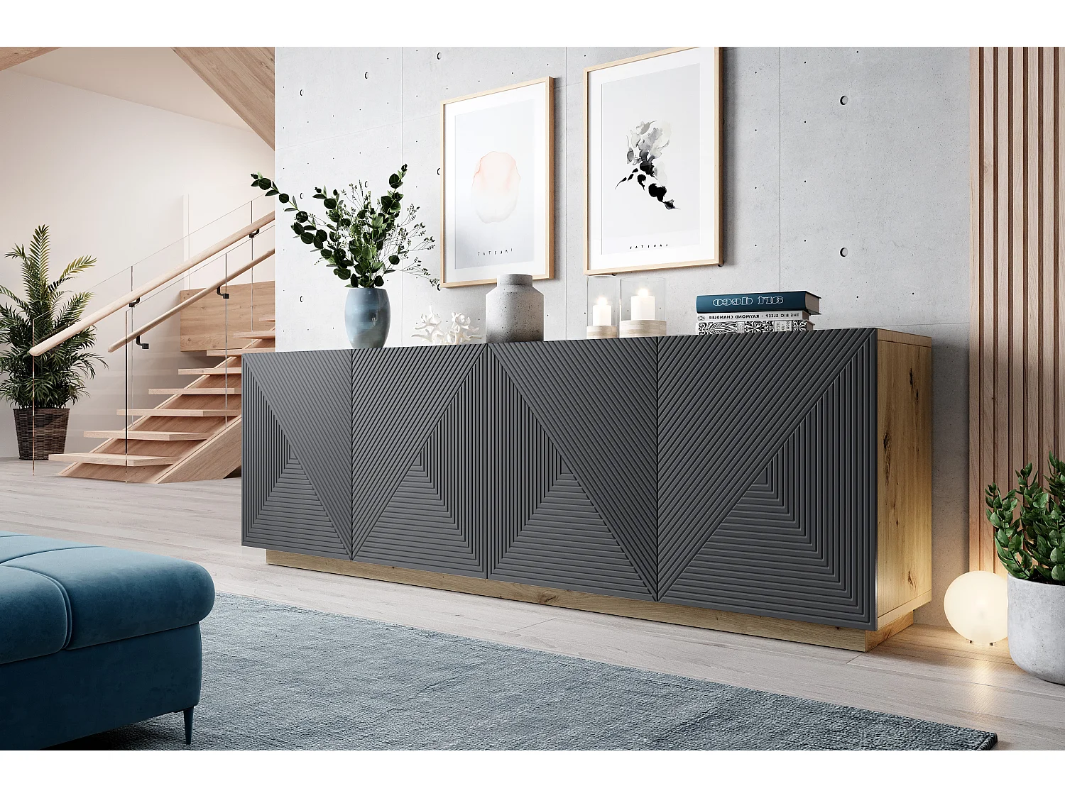 Buffet 4 deuren in hout lamellen 200x43 cm