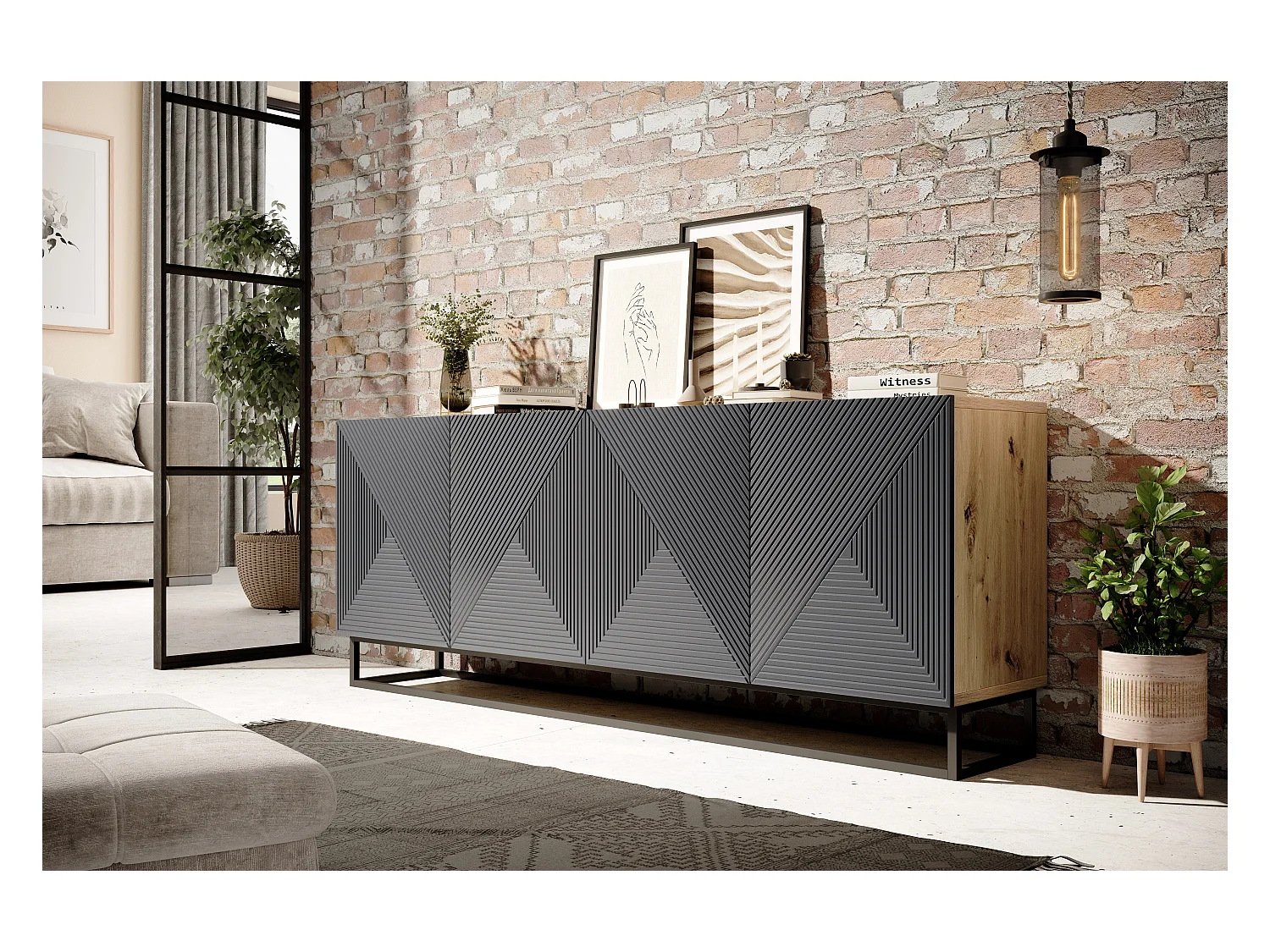 Madia 4 ante in legno laminato con piede in metallo 200x43 cm