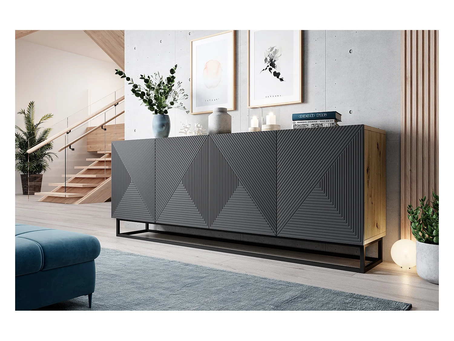 Madia 4 ante in legno laminato con piede in metallo 200x43 cm