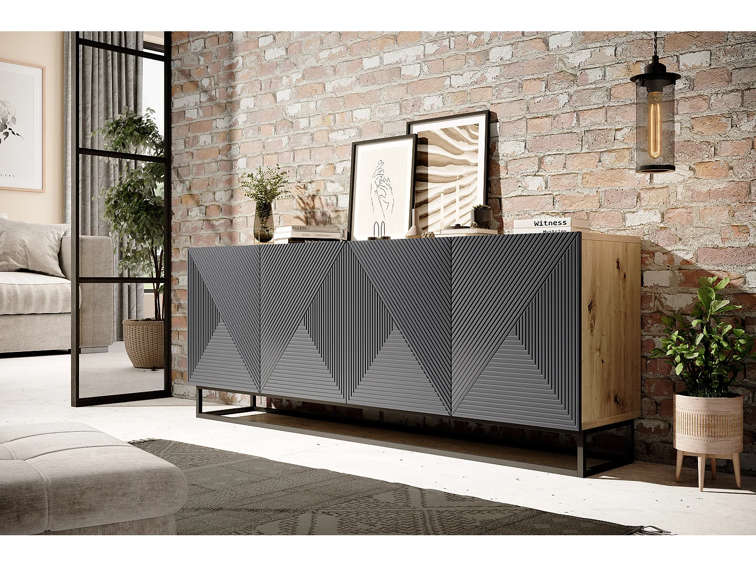 Buffet 4 deuren in houtlamellen met metalen pied 200x43 cm