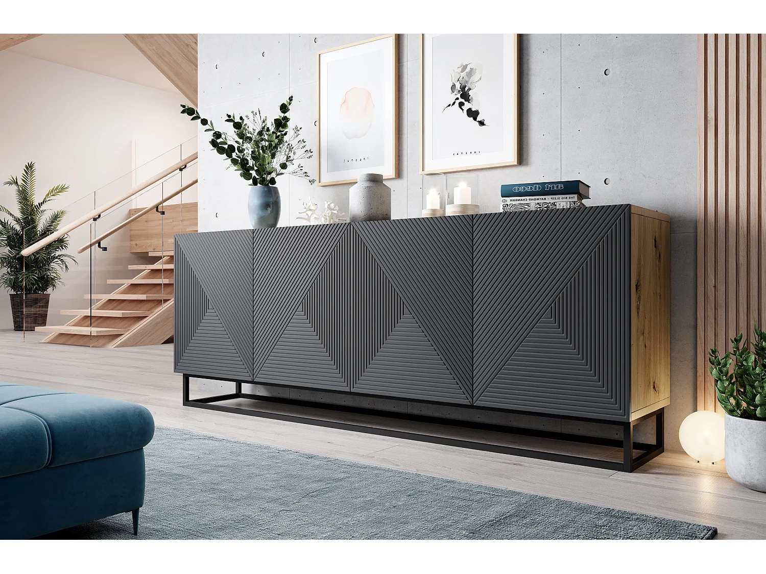 Buffet 4 deuren in houtlamellen met metalen pied 200x43 cm