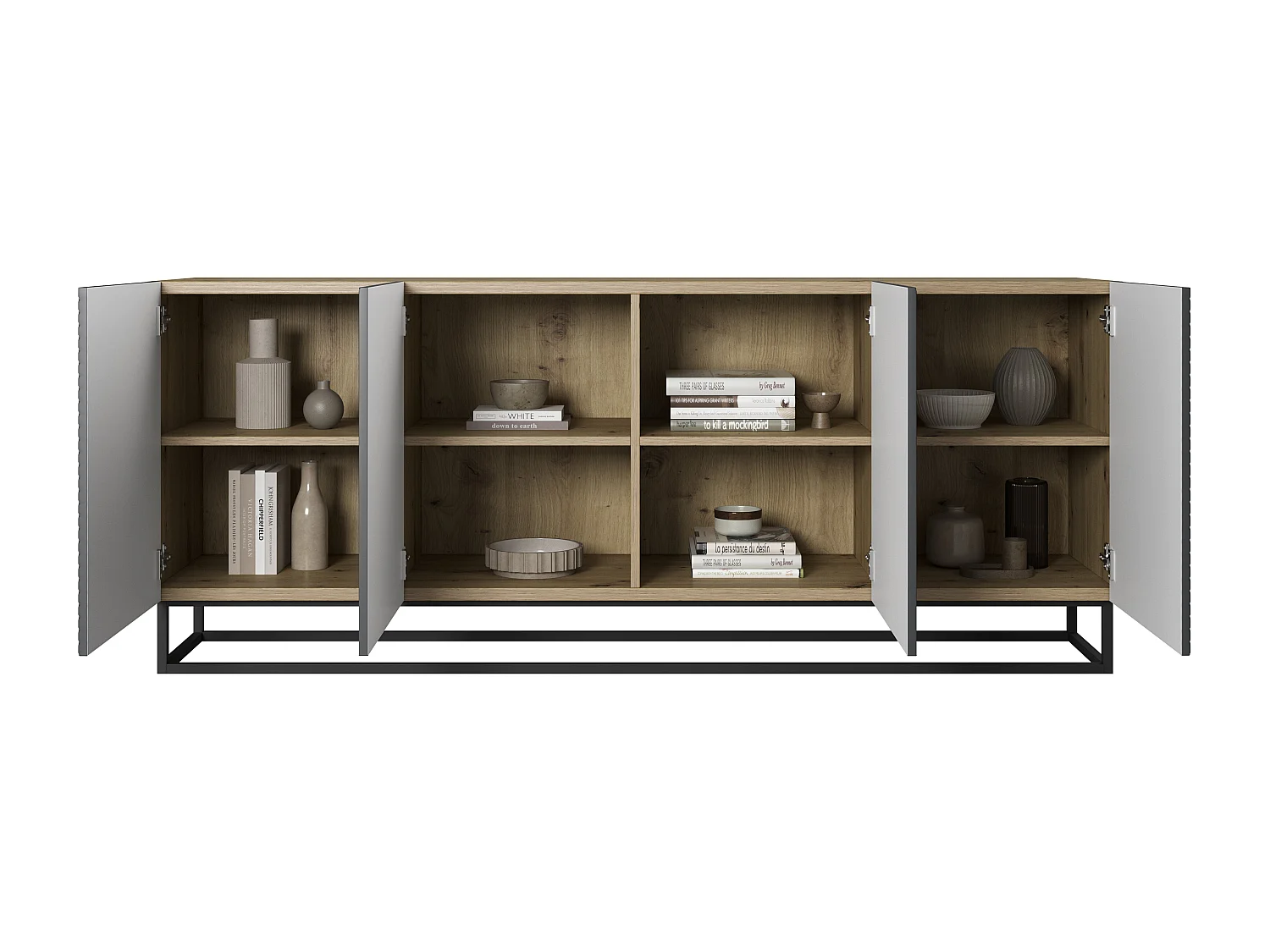 Buffet 4 deuren in houtlamellen met metalen pied 200x43 cm