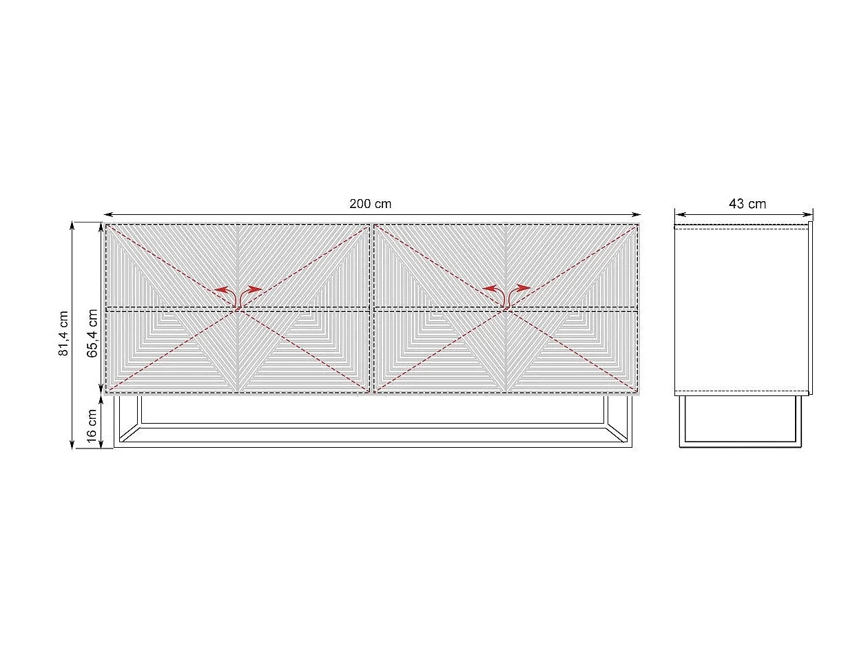 Buffet 4 deuren in houtlamellen met metalen pied 200x43 cm