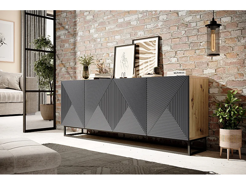 Buffet 4 deuren in houtlamellen met metalen pied 200x43 cm