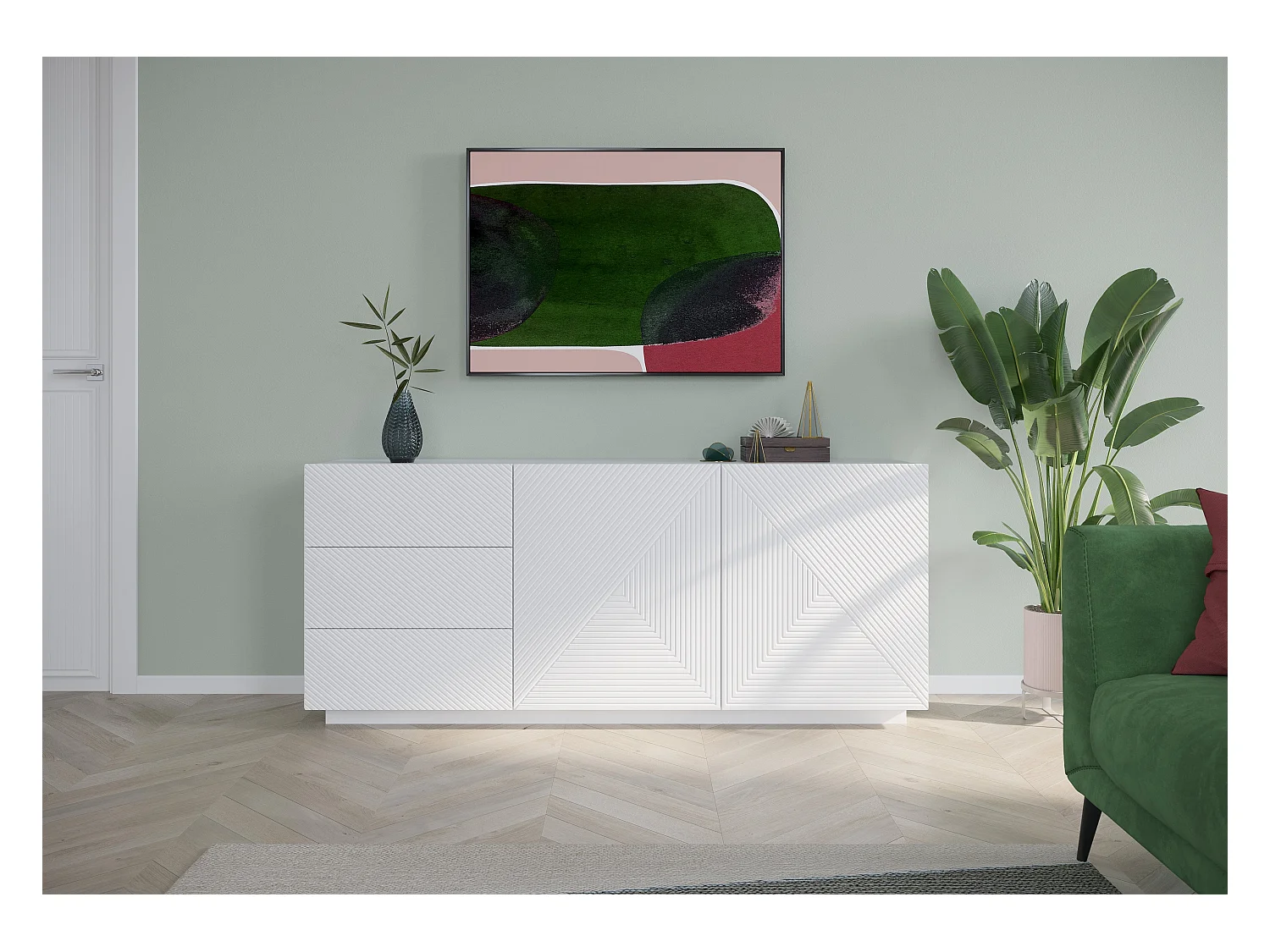 Aparador 2 portas com 3 gavetas branco em madeira laminada 167x43 cm