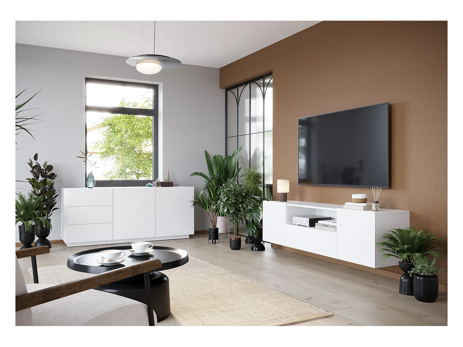 Aparador 2 portas com 3 gavetas branco em madeira laminada 167x43 cm