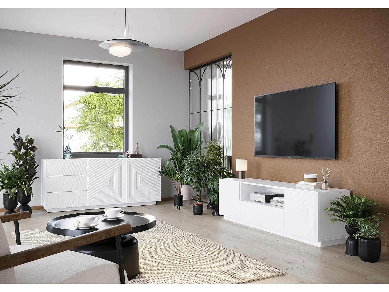 Wit buffet 2 deuren 3 laden in gelaagd hout 167x43 cm