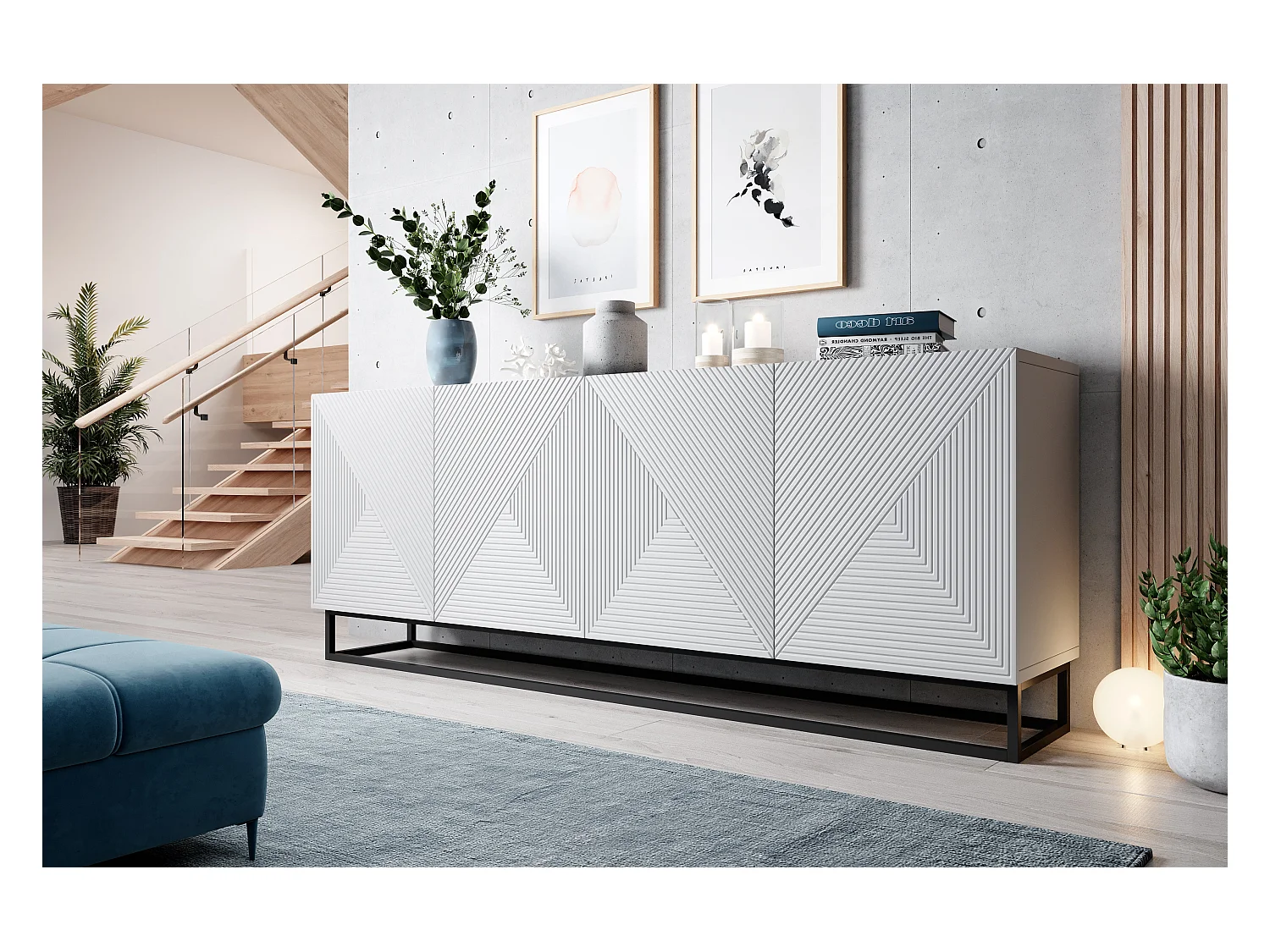 Aparador 4 portas em madeira laminada branca com pé metálico 200x43 cm