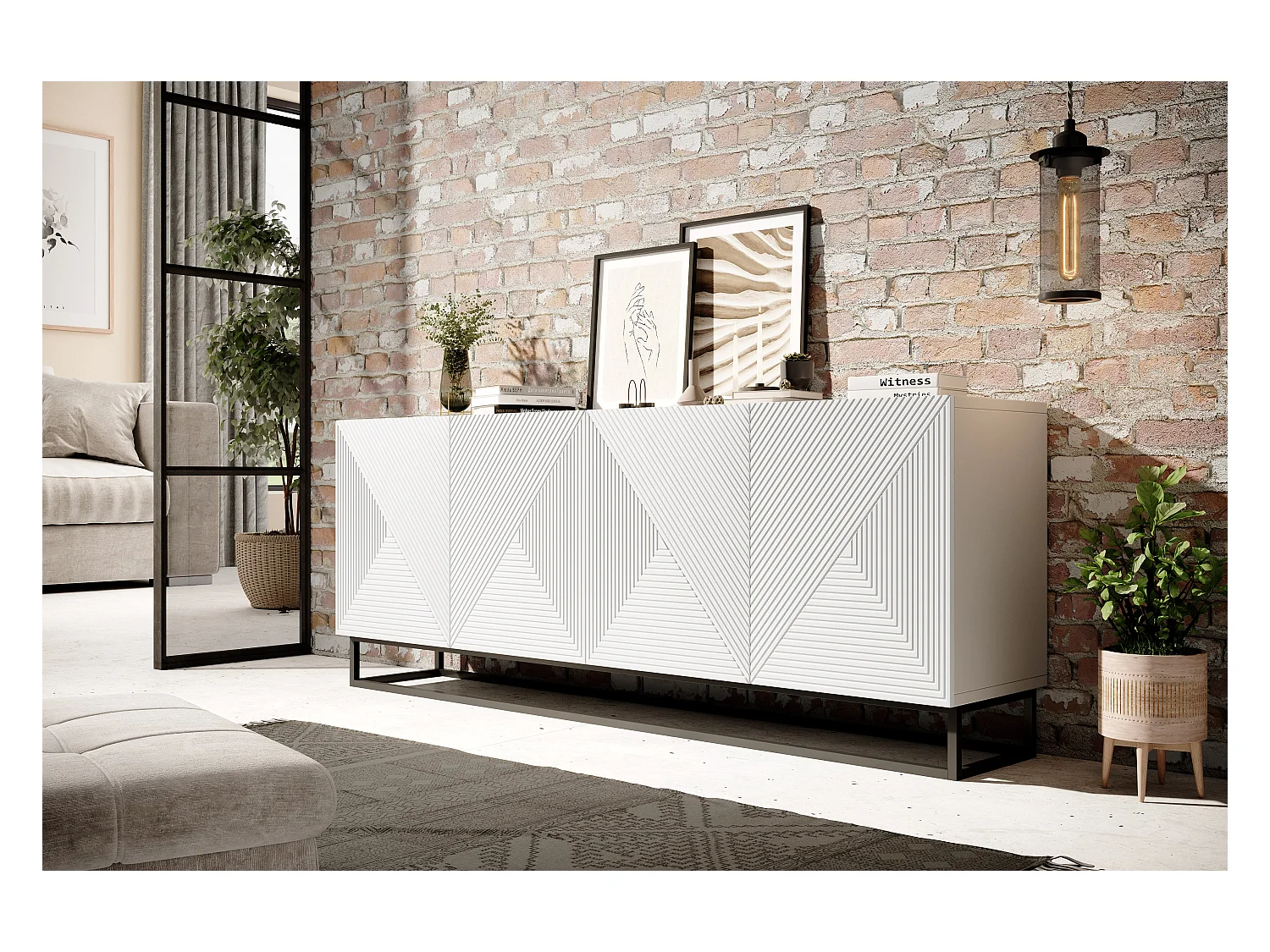 Aparador 4 portas em madeira laminada branca com pé metálico 200x43 cm