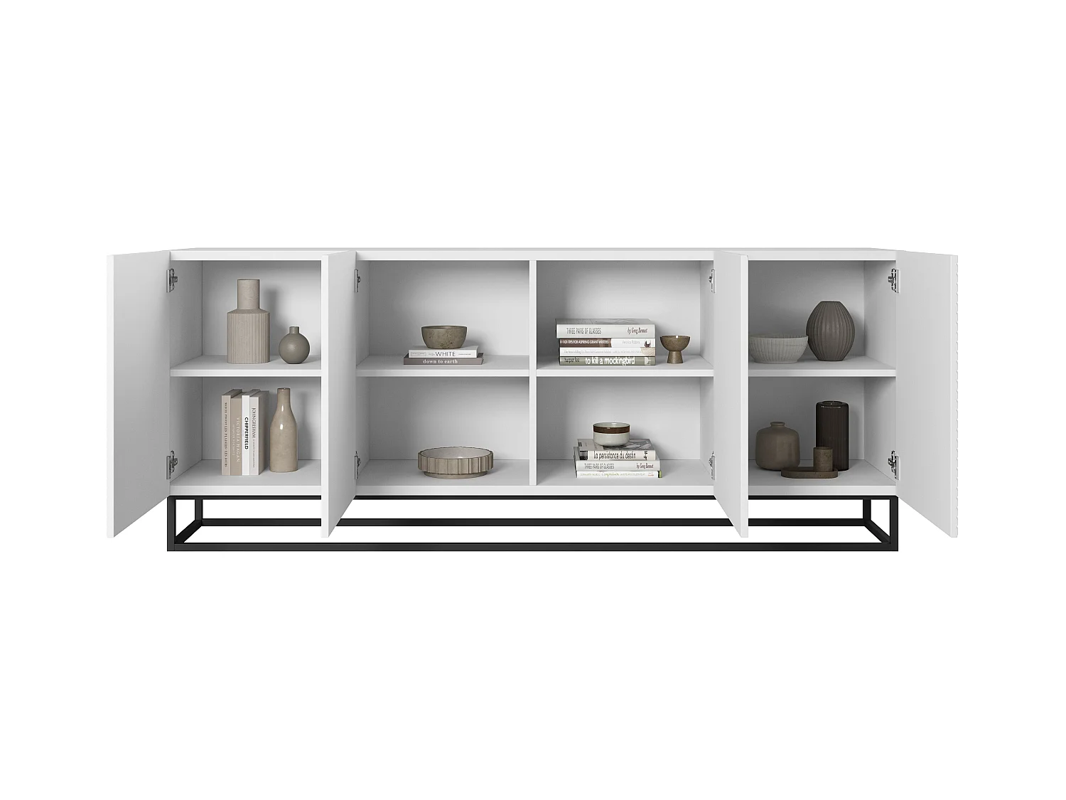 Aparador 4 portas em madeira laminada branca com pé metálico 200x43 cm