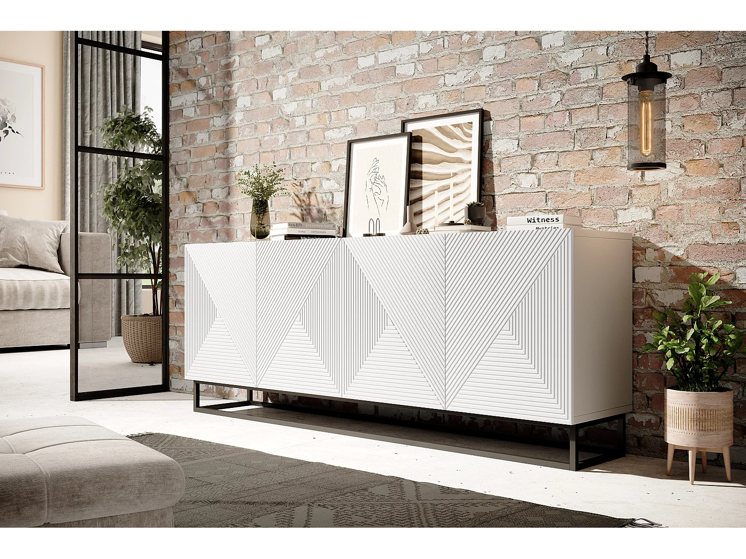 Aparador 4 portas em madeira laminada branca com pé metálico 200x43 cm