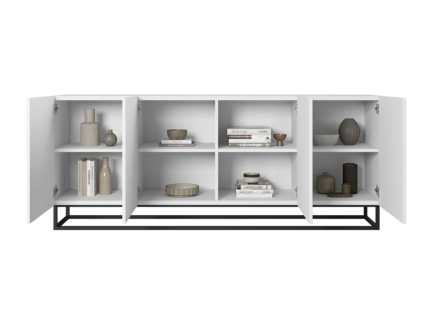 Aparador 4 portas em madeira laminada branca com pé metálico 200x43 cm