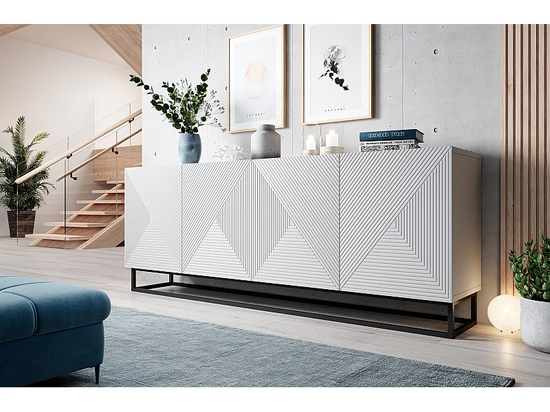 Aparador 4 portas em madeira laminada branca com pé metálico 200x43 cm