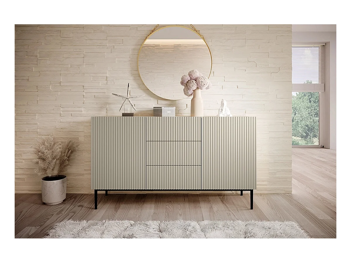 Aparador 2 puertas 3 cajones centrales cashmere con pie de metal negro 150x45 cm