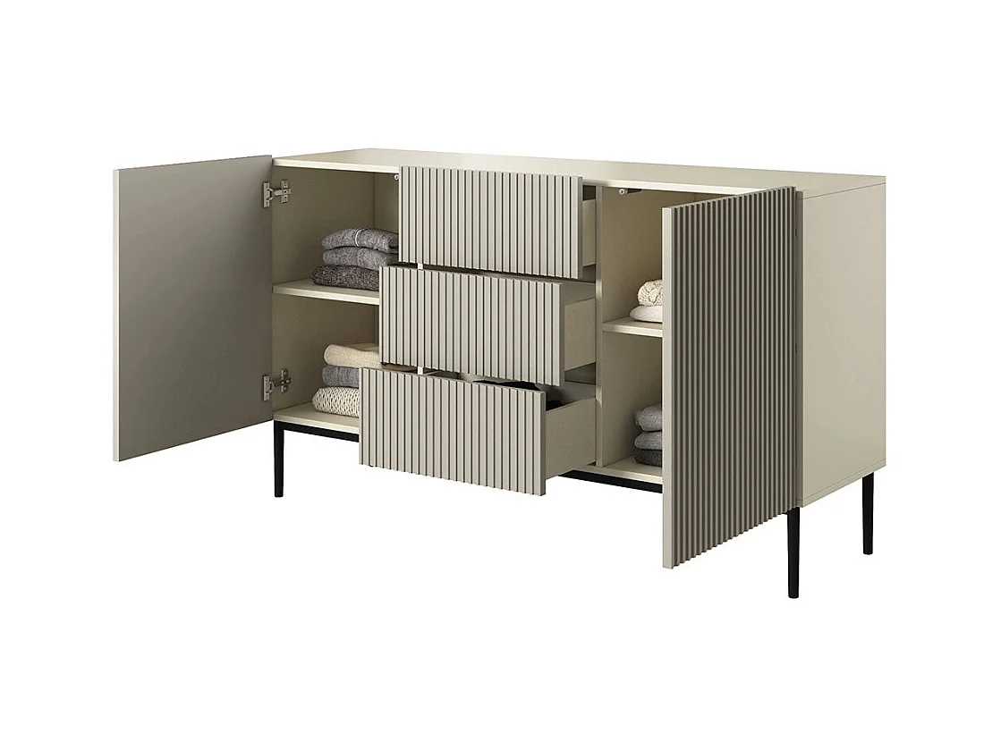 Aparador 2 puertas 3 cajones centrales cashmere con pie de metal negro 150x45 cm