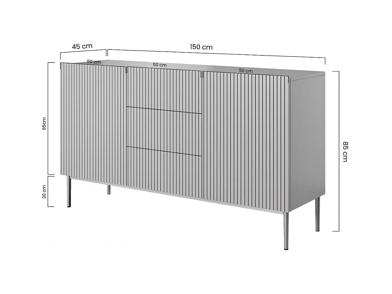 Aparador 2 puertas 3 cajones centrales cashmere con pie de metal negro 150x45 cm