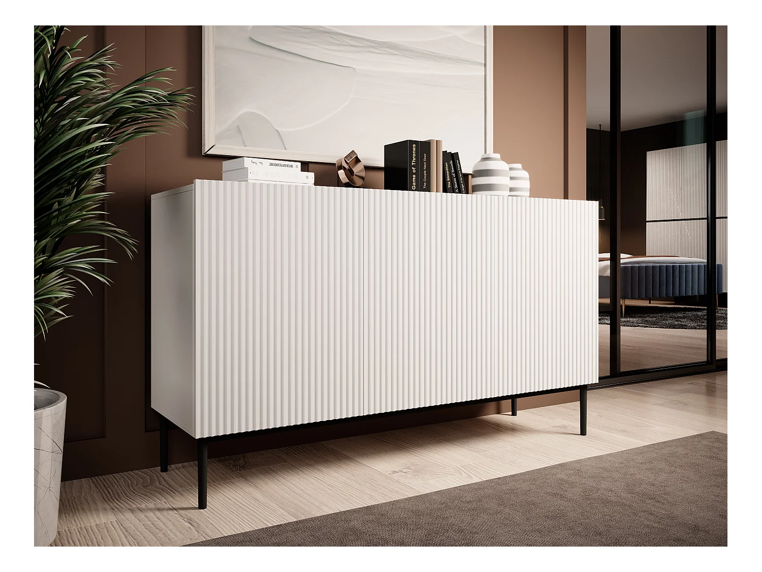 Wit buffet 3 deuren met zwart metalen voet 150x45 cm