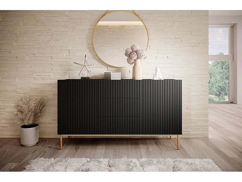 Aparador 2 puertas 3 cajones centrales negro con pie metal dorado 150x45 cm